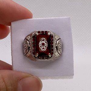 New Vintage Ottoman style Old style Brutal Silver Ring Big Red cubic zirconia